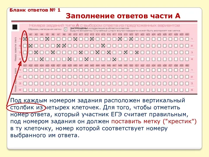 Под каждым номером задания расположен вертикальный столбик из четырех клеточек.