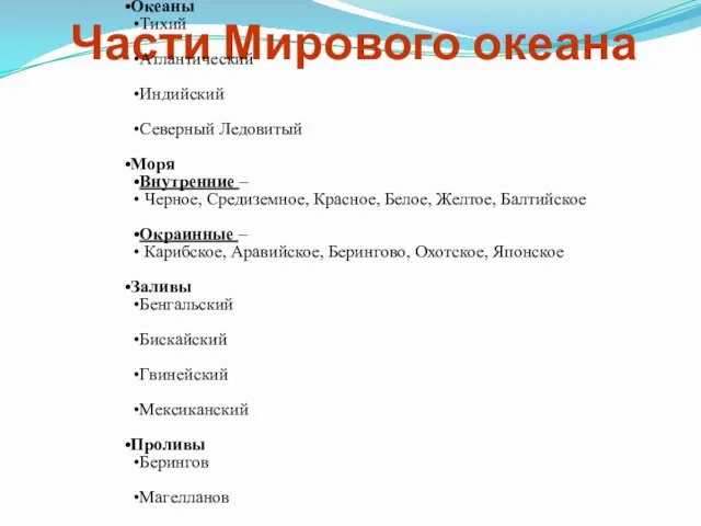 Части Мирового океана Океаны Тихий Атлантический Индийский Северный Ледовитый Моря