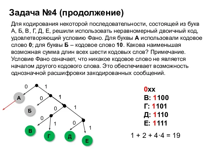 Задача №4 (продолжение) Для кодирования некоторой последовательности, состоящей из букв