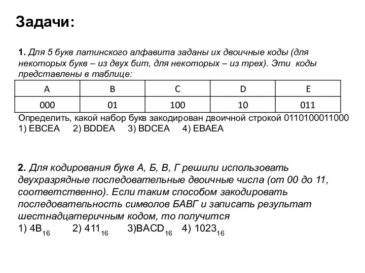 1. Для 5 букв латинского алфавита заданы их двоичные коды