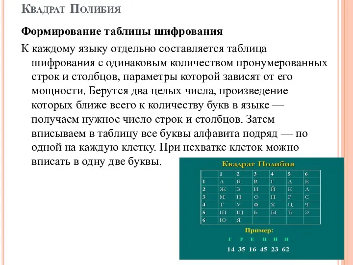 Квадрат Полибия Формирование таблицы шифрования К каждому языку отдельно составляется