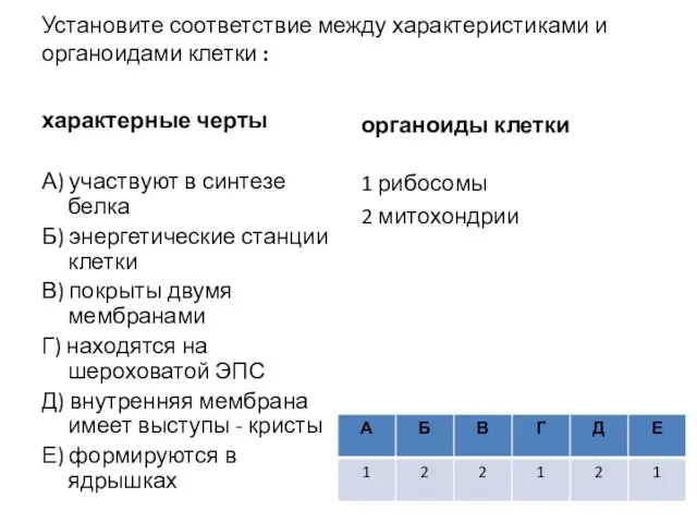 Установите соответствие между характеристиками и органоидами клетки : характерные черты