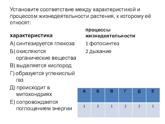 Установите соответствие между характеристикой и процессом жизнедеятельности растения, к которому