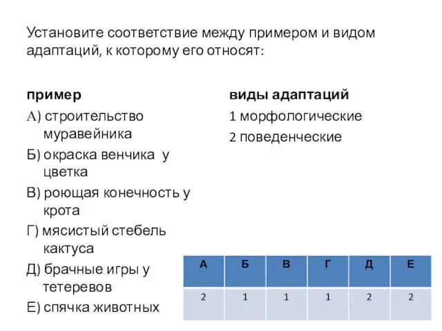 Установите соответствие между примером и видом адаптаций, к которому его