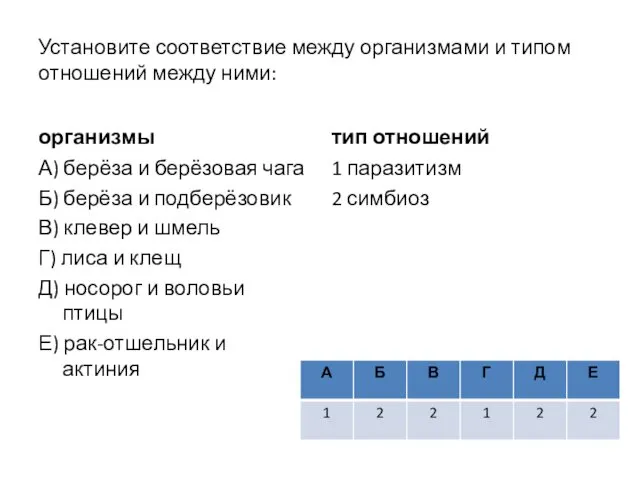 Установите соответствие между организмами и типом отношений между ними: организмы