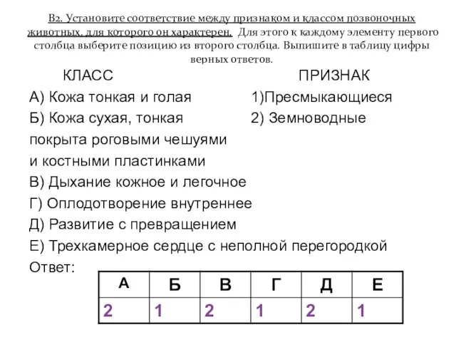 В2. Установите соответствие между признаком и классом позвоночных животных, для