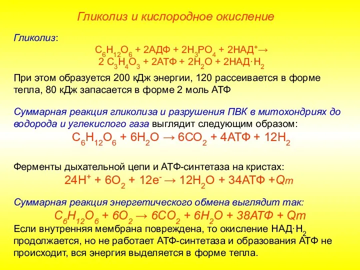 Гликолиз и кислородное окисление Гликолиз: С6Н12О6 + 2АДФ + 2Н3РО4