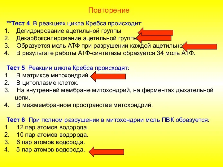 **Тест 4. В реакциях цикла Кребса происходит: Дегидрирование ацетильной группы.