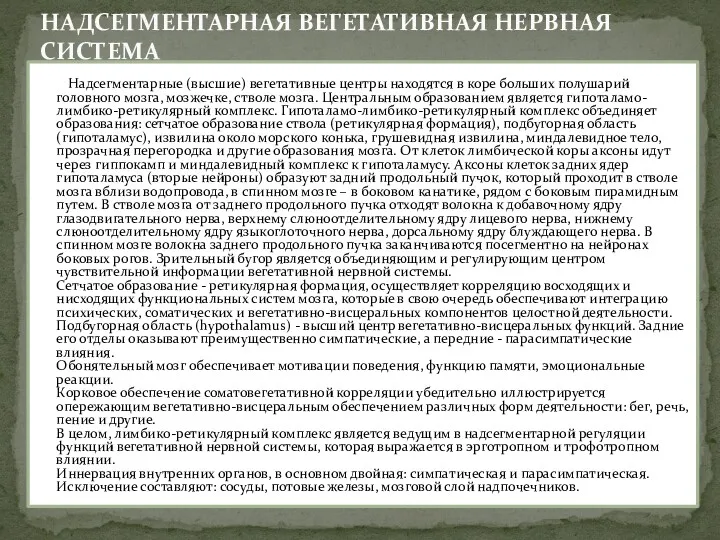 Надсегментарные (высшие) вегетативные центры находятся в коре больших полушарий головного мозга, мозжечке, стволе