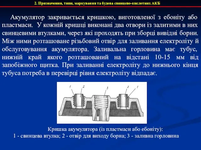 2. Призначення, типи, маркування та будова свинцево-кислотних АКБ Акумулятор закривається