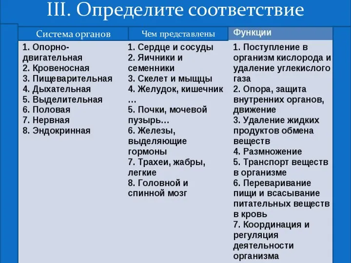 Система органов Чем представлены III. Определите соответствие