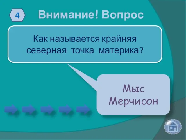 Внимание! Вопрос 4 Как называется крайняя северная точка материка? Мыс Мерчисон