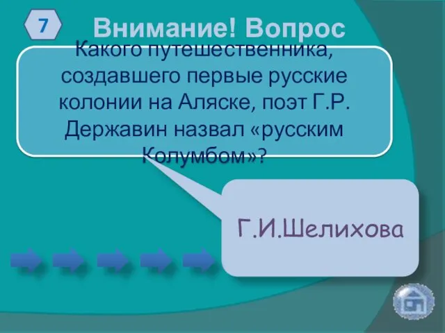 Внимание! Вопрос 7 Какого путешественника, создавшего первые русские колонии на