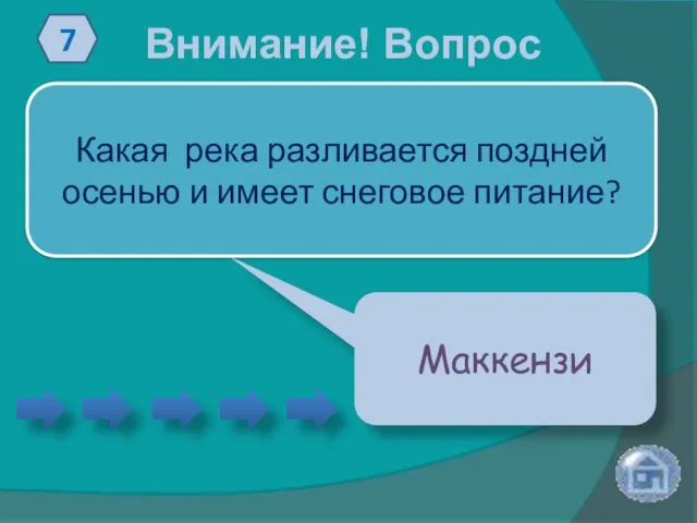 Внимание! Вопрос 7 Какая река разливается поздней осенью и имеет снеговое питание? Маккензи