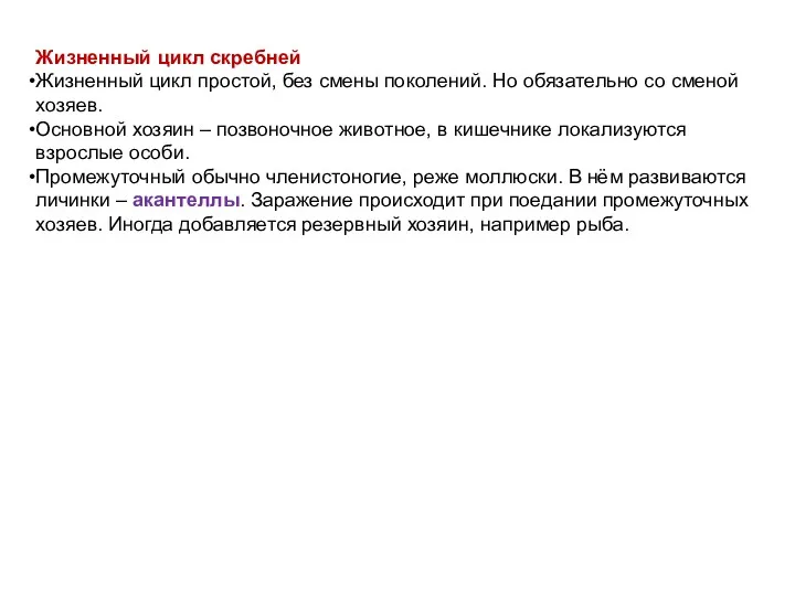 Жизненный цикл скребней Жизненный цикл простой, без смены поколений. Но