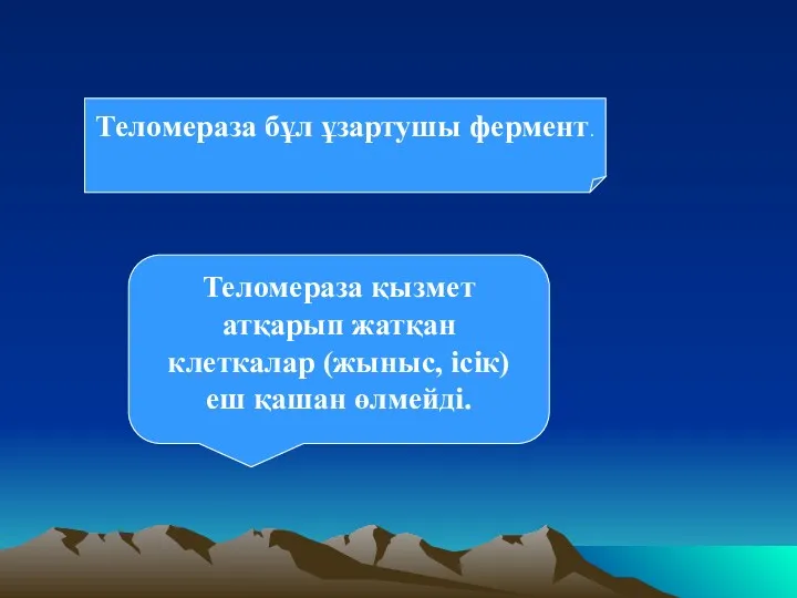 Теломераза қызмет атқарып жатқан клеткалар (жыныс, ісік) еш қашан өлмейді. Теломераза бұл ұзартушы фермент.