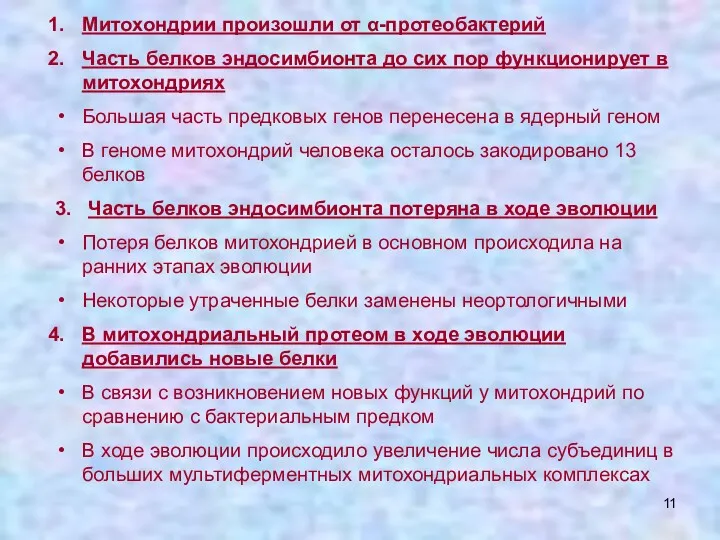 Митохондрии произошли от α-протеобактерий Часть белков эндосимбионта до сих пор