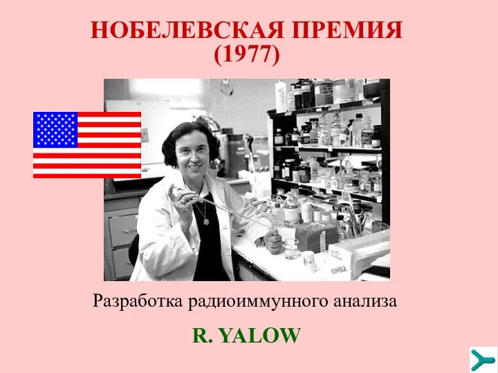 НОБЕЛЕВСКАЯ ПРЕМИЯ (1977) R. YALOW Разработка радиоиммунного анализа