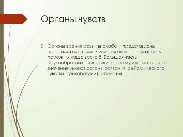 Органы чувств Органы зрения развиты слабо и представлены простыми глазками,