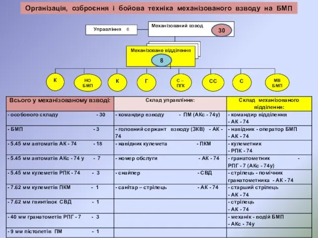 Організація, озброєння і бойова техніка механізованого взводу на БМП 30 8