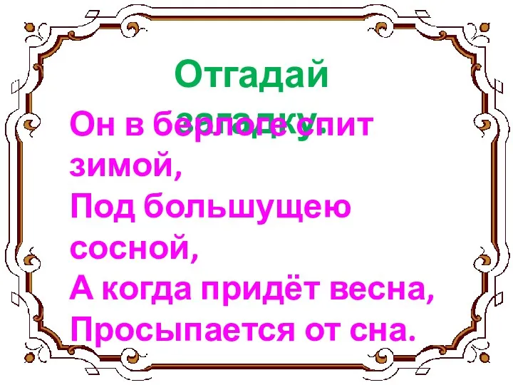 Отгадай загадку. Он в берлоге спит зимой, Под большущею сосной,