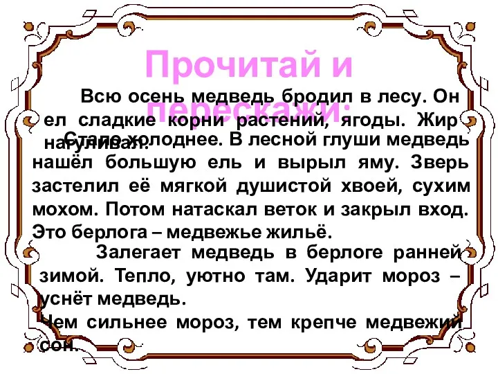 Прочитай и перескажи: Всю осень медведь бродил в лесу. Он