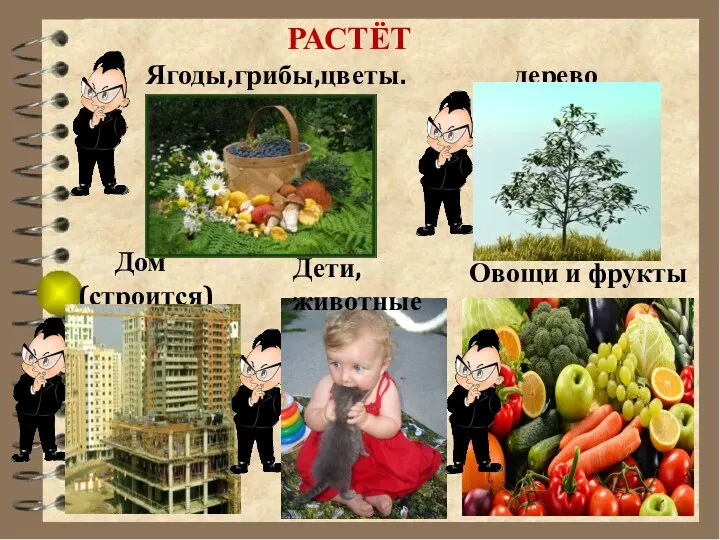 РАСТЁТ Ягоды,грибы,цветы. Дом (строится) дерево Дети, животные Овощи и фрукты