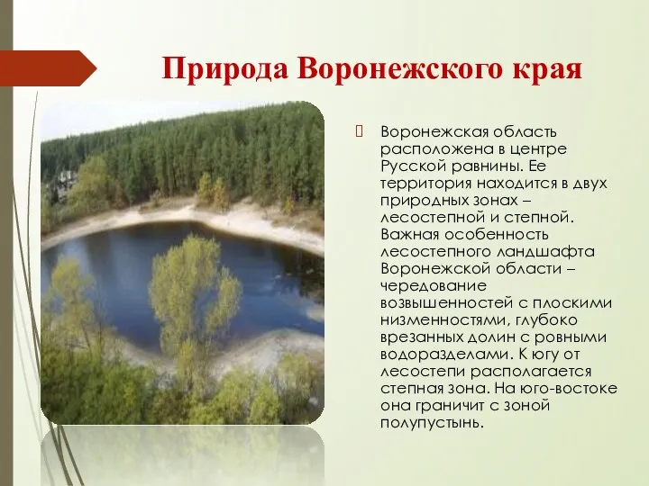 Природа Воронежского края Воронежская область расположена в центре Русской равнины.