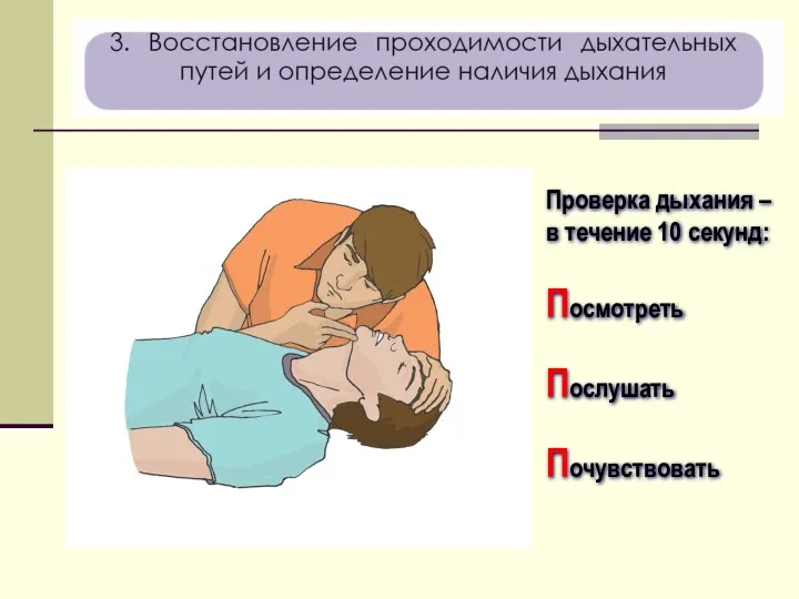 Проверка дыхания – в течение 10 секунд: Посмотреть Послушать Почувствовать