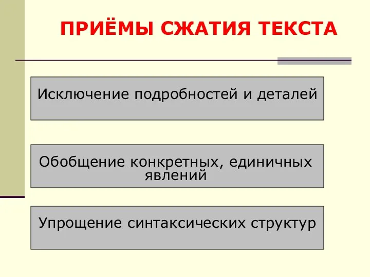 ПРИЁМЫ СЖАТИЯ ТЕКСТА Исключение подробностей и деталей Обобщение конкретных, единичных явлений Упрощение синтаксических структур