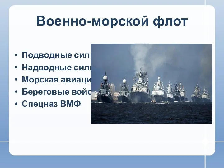 Военно-морской флот Подводные силы Надводные силы Морская авиация Береговые войска Спецназ ВМФ