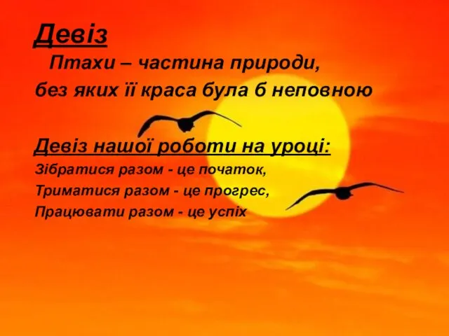 Девіз Птахи – частина природи, без яких її краса була