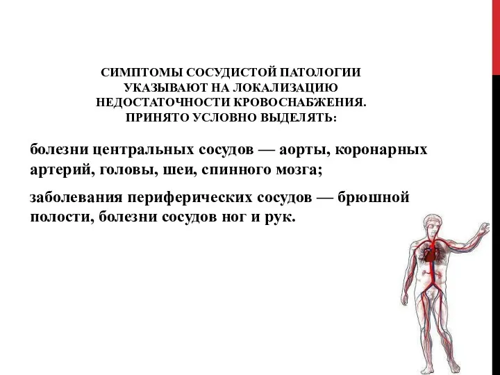 СИМПТОМЫ СОСУДИСТОЙ ПАТОЛОГИИ УКАЗЫВАЮТ НА ЛОКАЛИЗАЦИЮ НЕДОСТАТОЧНОСТИ КРОВОСНАБЖЕНИЯ. ПРИНЯТО УСЛОВНО