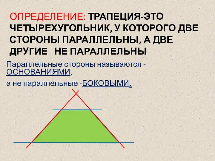 ОПРЕДЕЛЕНИЕ: ТРАПЕЦИЯ-ЭТО ЧЕТЫРЕХУГОЛЬНИК, У КОТОРОГО ДВЕ СТОРОНЫ ПАРАЛЛЕЛЬНЫ, А ДВЕ