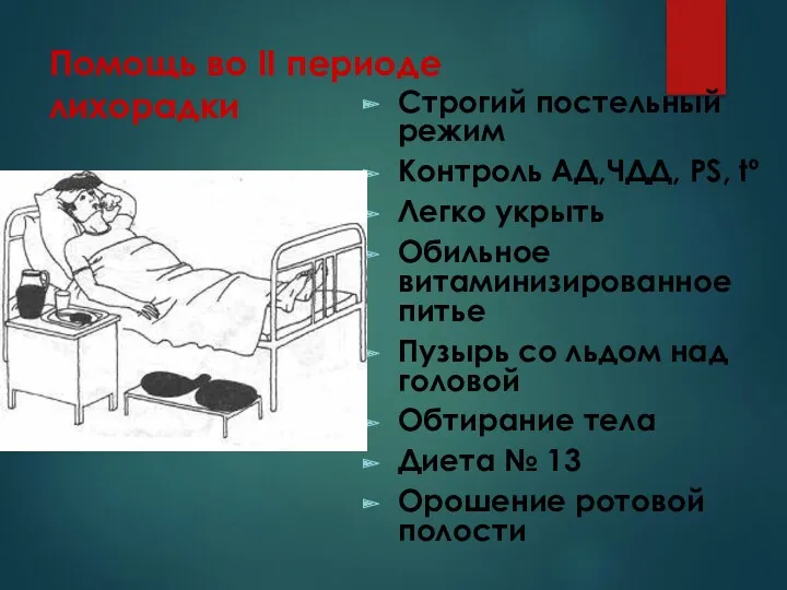 Помощь во II периоде лихорадки Строгий постельный режим Контроль АД,ЧДД,