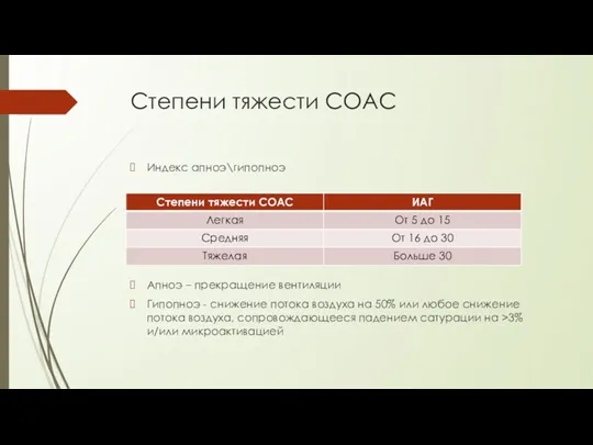 Степени тяжести СОАС Индекс апноэ\гипопноэ Апноэ – прекращение вентиляции Гипопноэ