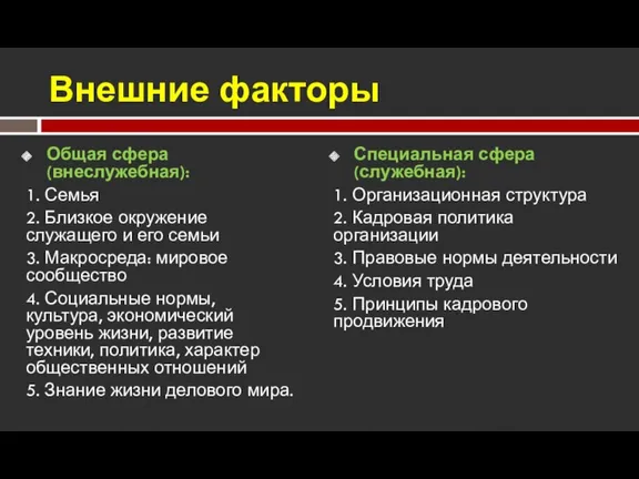 Внешние факторы Общая сфера (внеслужебная): 1. Семья 2. Близкое окружение