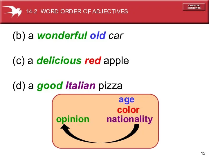 (b) a wonderful old car (c) a delicious red apple (d) a good