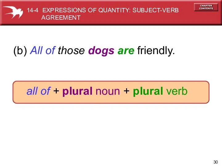 (b) All of those dogs are friendly. all of + plural noun +