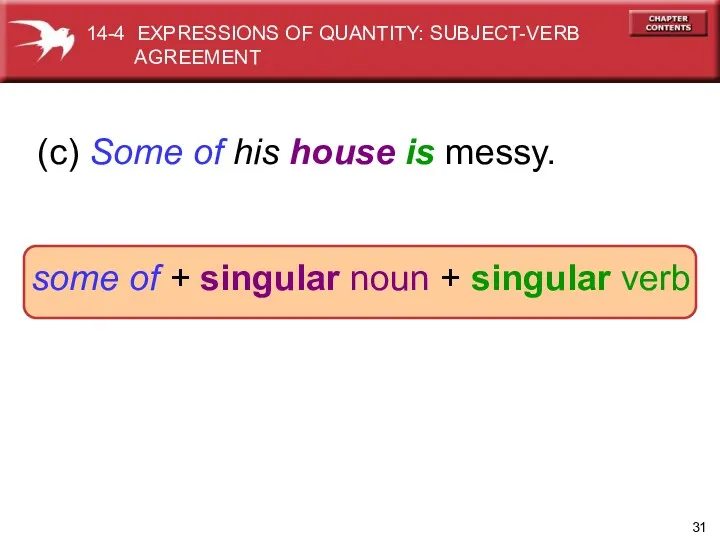 (c) Some of his house is messy. some of + singular noun +