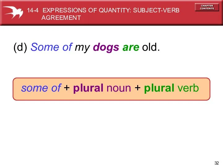 (d) Some of my dogs are old. some of + plural noun +
