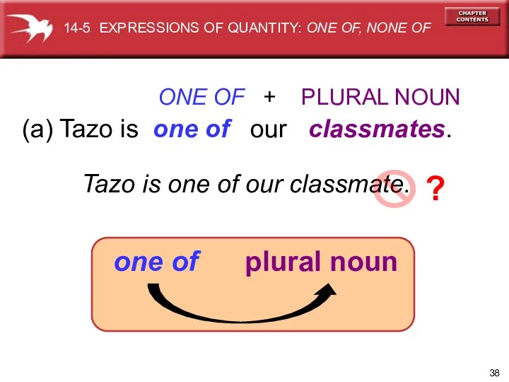 (a) Tazo is one of our classmates. ONE OF + PLURAL NOUN Tazo