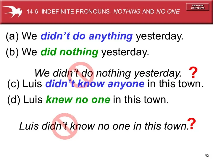 We didn’t do nothing yesterday. (a) We didn’t do anything yesterday. (b) We
