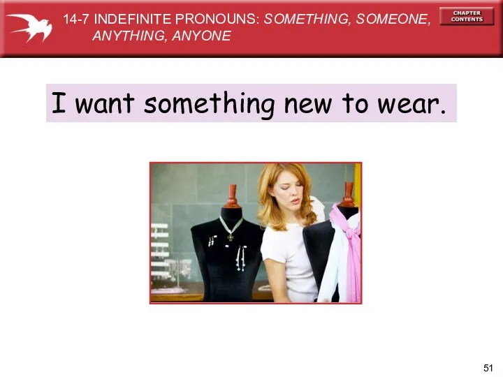 I want something new to wear. 14-7 INDEFINITE PRONOUNS: SOMETHING, SOMEONE, ANYTHING, ANYONE