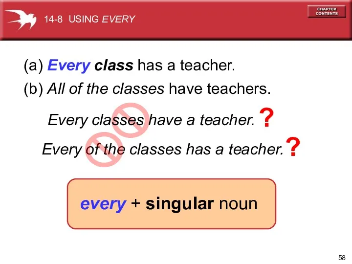 Every of the classes has a teacher. (a) Every class has a teacher.