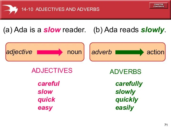 (a) Ada is a slow reader. ADJECTIVES ADVERBS careful slow quick easy carefully
