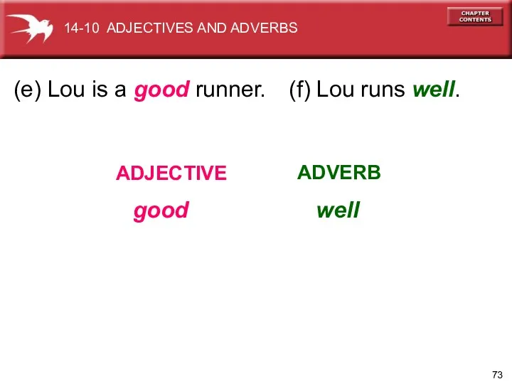 (e) Lou is a good runner. ADJECTIVE ADVERB 14-10 ADJECTIVES AND ADVERBS (f)