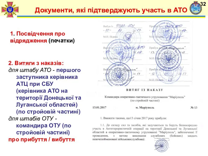 1. Посвідчення про відрядження (печатки) 2. Витяги з наказів: для