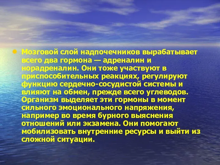 Мозговой слой надпочечников вырабатывает всего два гормона — адреналин и