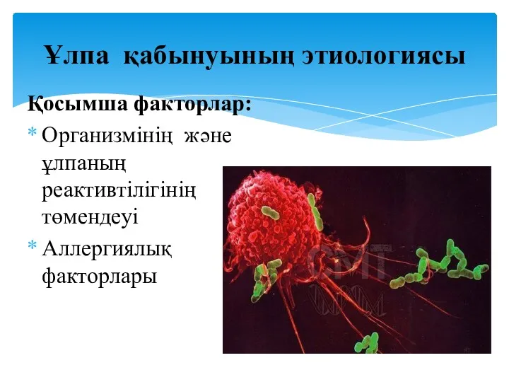 Қосымша факторлар: Организмінің және ұлпаның реактивтілігінің төмендеуі Аллергиялық факторлары Ұлпа қабынуының этиологиясы